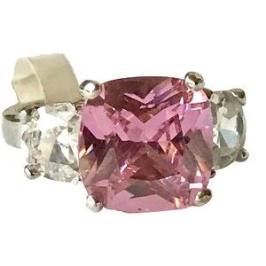 Silver Pink Cubic Zirconia Cocktail Ring Size 9 Plated Triplet Cushion Cut